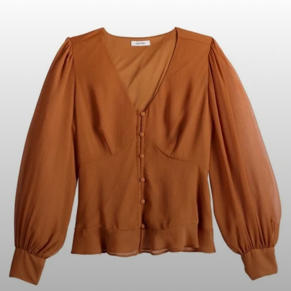 Nine West Long Sleeve V-Neck Button Down Orange Blouse